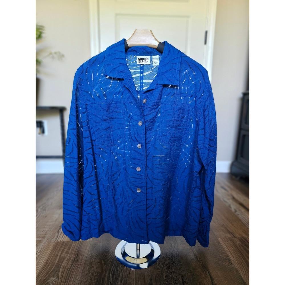Chicos Design Royal Blue Burnout Leaf Print Button Down Shirt Size 3 XL